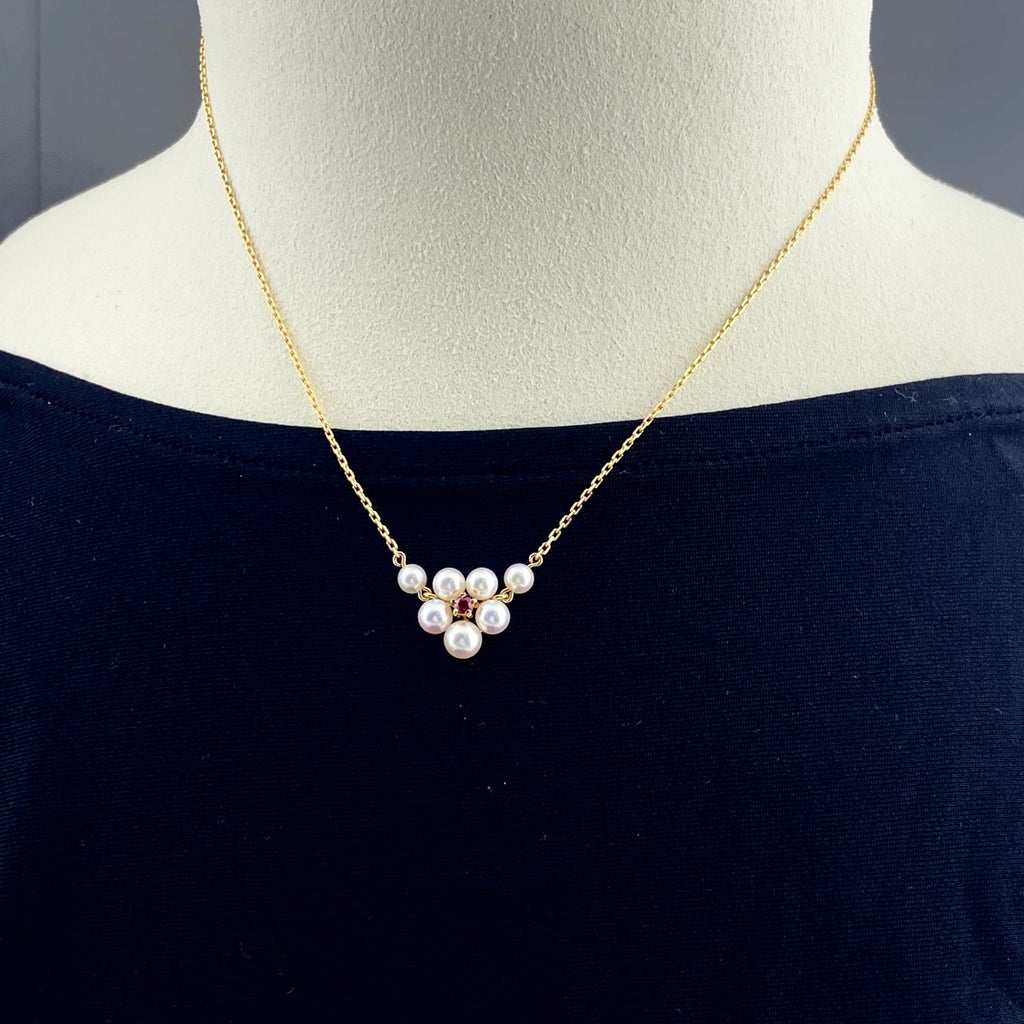 ミキモト フラワーモチーフ デザインネックレス YG イエローゴールド ペンダント パール 真珠 花 ネックレス K18 パール ルビー レディース 【中古】brjwl