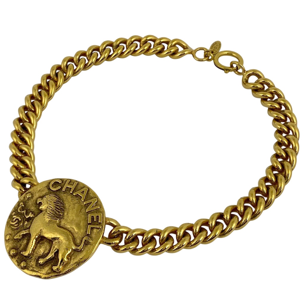 シャネル ロゴ チェーン ネックレス コイン ライオンモチーフ ネックレス GP ゴールド レディース 【中古】bracc