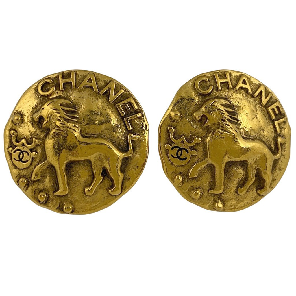 シャネル ロゴ ラウンド イヤリング CCマーク ライオンモチーフ イヤリング GP ゴールド レディース 【中古】bracc