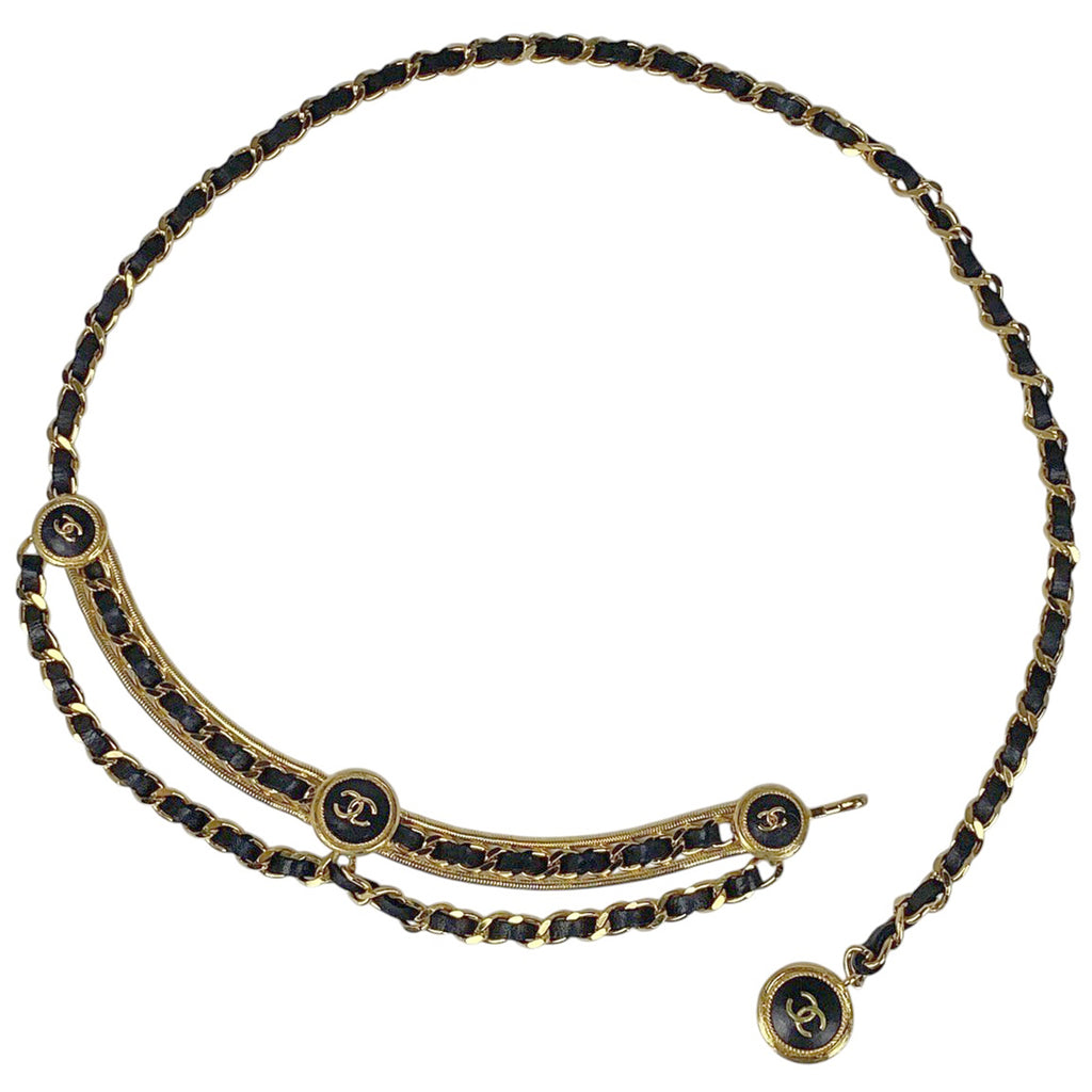 シャネル ココマーク チェーン ベルト 2連 ベルト GP レザー ゴールド ブラック レディース 【中古】brbag