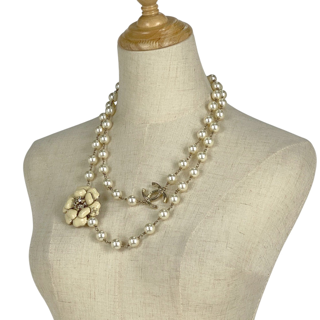 シャネル カメリア ネックレス ココマーク フェイクパール ロング 2連 ネックレス GP ゴールド レディース 【中古】bracc