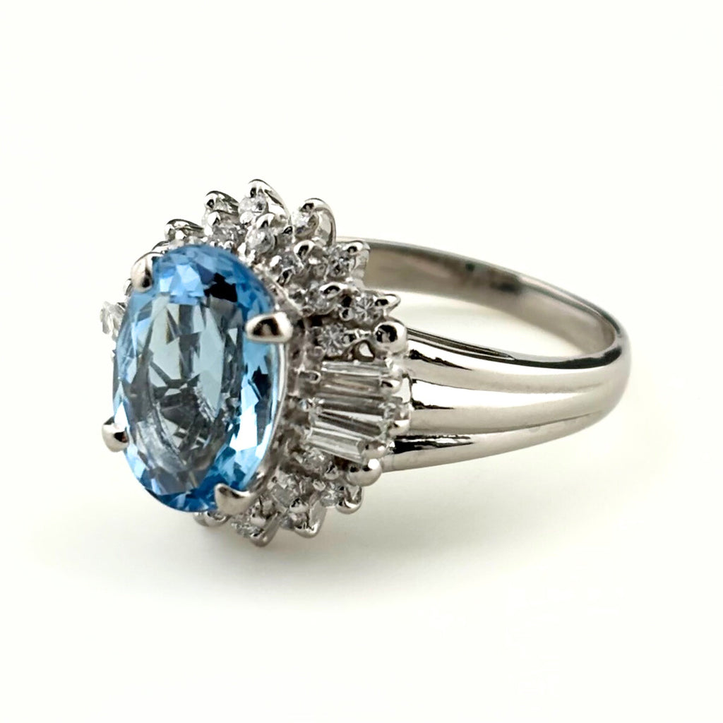アクアマリン デザインリング プラチナ 指輪 メレダイヤ リング 11.5号 Pt900 アクアマリン ダイヤモンド レディース 【中古】nbjwl