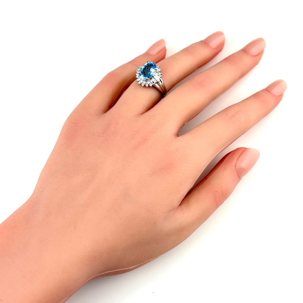 アクアマリン デザインリング プラチナ 指輪 メレダイヤ リング 11.5号 Pt900 アクアマリン ダイヤモンド レディース 【中古】nbjwl