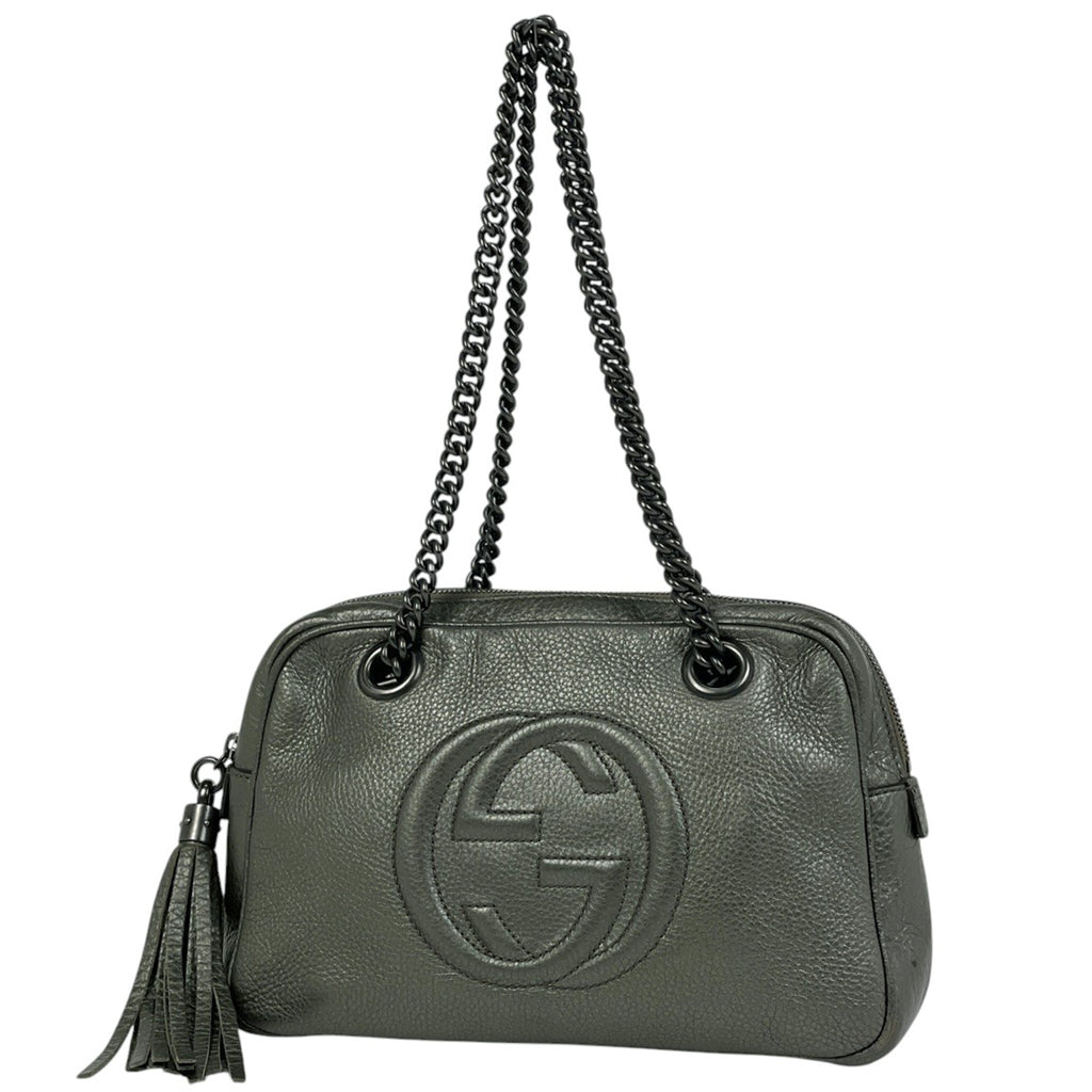 グッチ ソーホー ダブルチェーン ショルダーバッグ インターロッキングG タッセル フリンジ メタリック ショルダーバッグ レザー グリーン 308983 レディース 【中古】brbag