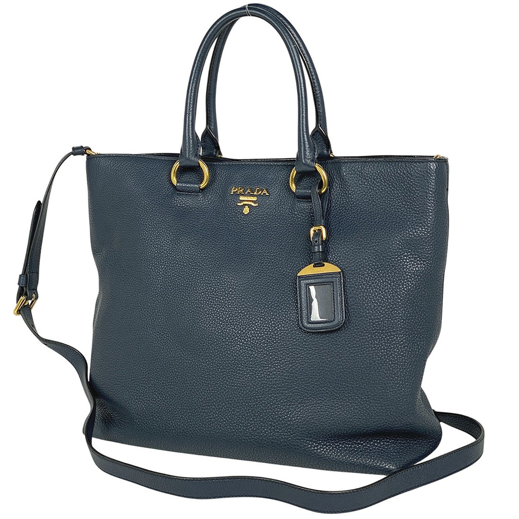 プラダ ロゴプレート トートバッグ 2WAY ショルダーバッグ トートバッグ レザー ネイビー レディース 【中古】brbag