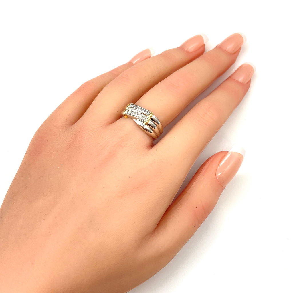 メレダイヤ デザインリング プラチナ YG イエローゴールド 指輪 リング 15号 Pt900 K18 ダイヤモンド レディース 【中古】nbjwl