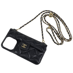 シャネル ココマーク チェーン スマホケース iPhone ショルダー 斜め掛け 携帯電話ケース キャビアスキン ブラック レディース 【中古】brbag