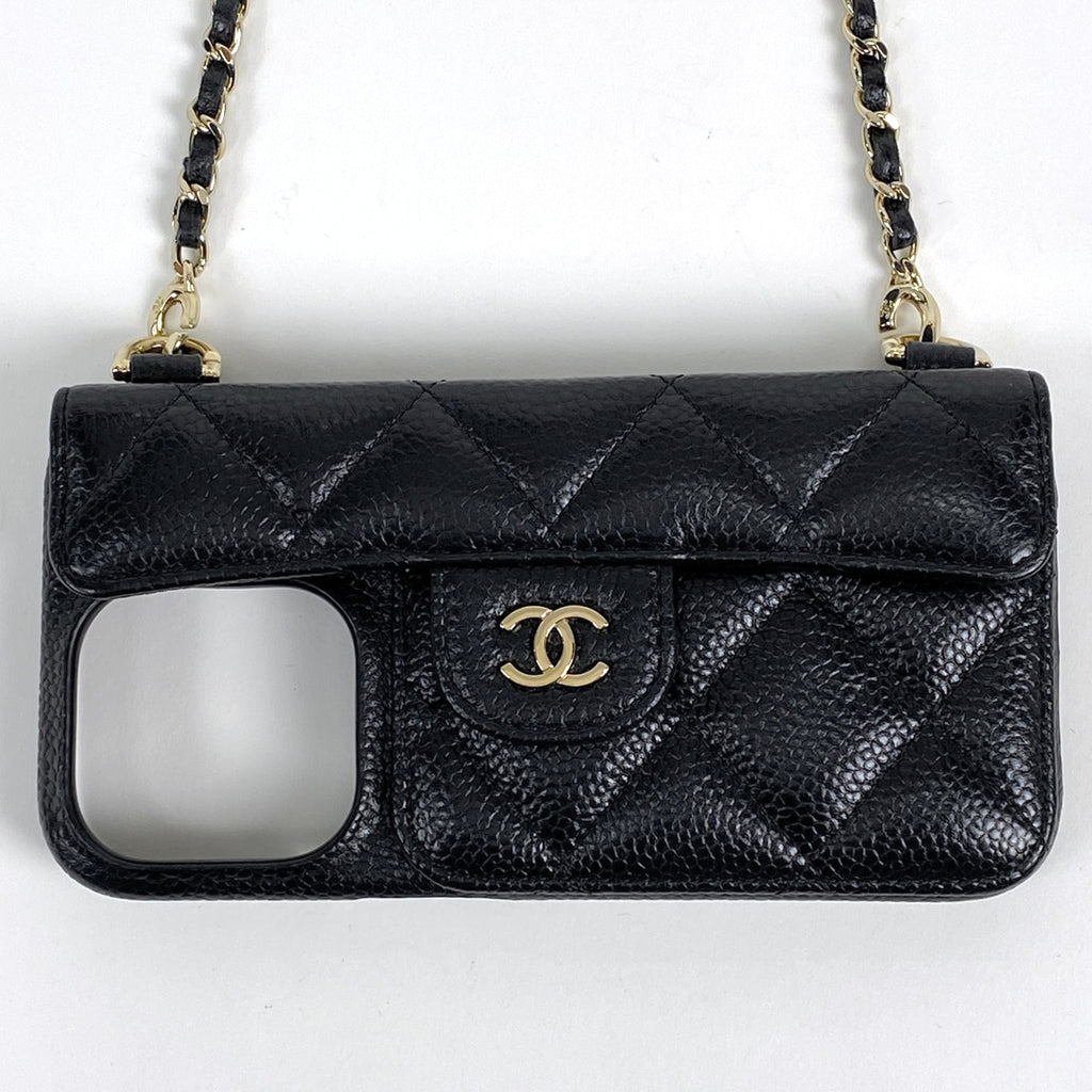 シャネル ココマーク チェーン スマホケース iPhone ショルダー 斜め掛け 携帯電話ケース キャビアスキン ブラック レディース 【中古】brbag