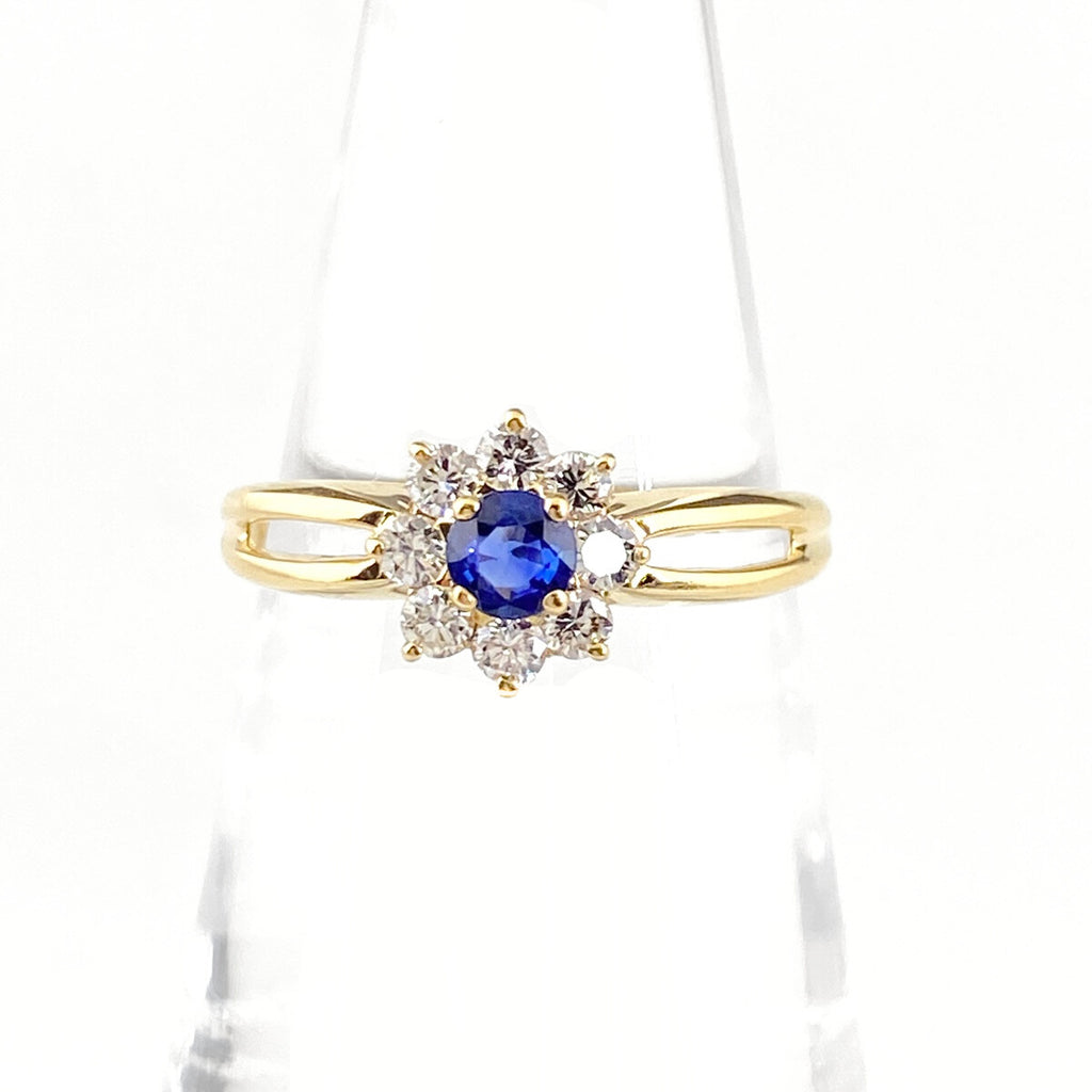 サファイア デザインリング YG イエローゴールド 指輪 メレダイヤ リング 4.8号 750 サファイア ダイヤモンド レディース 【中古】nbjwl