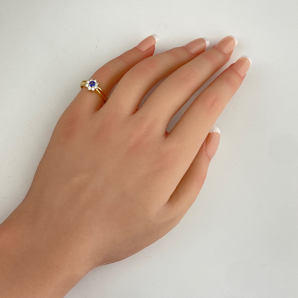 サファイア デザインリング YG イエローゴールド 指輪 メレダイヤ リング 4.8号 750 サファイア ダイヤモンド レディース 【中古】nbjwl