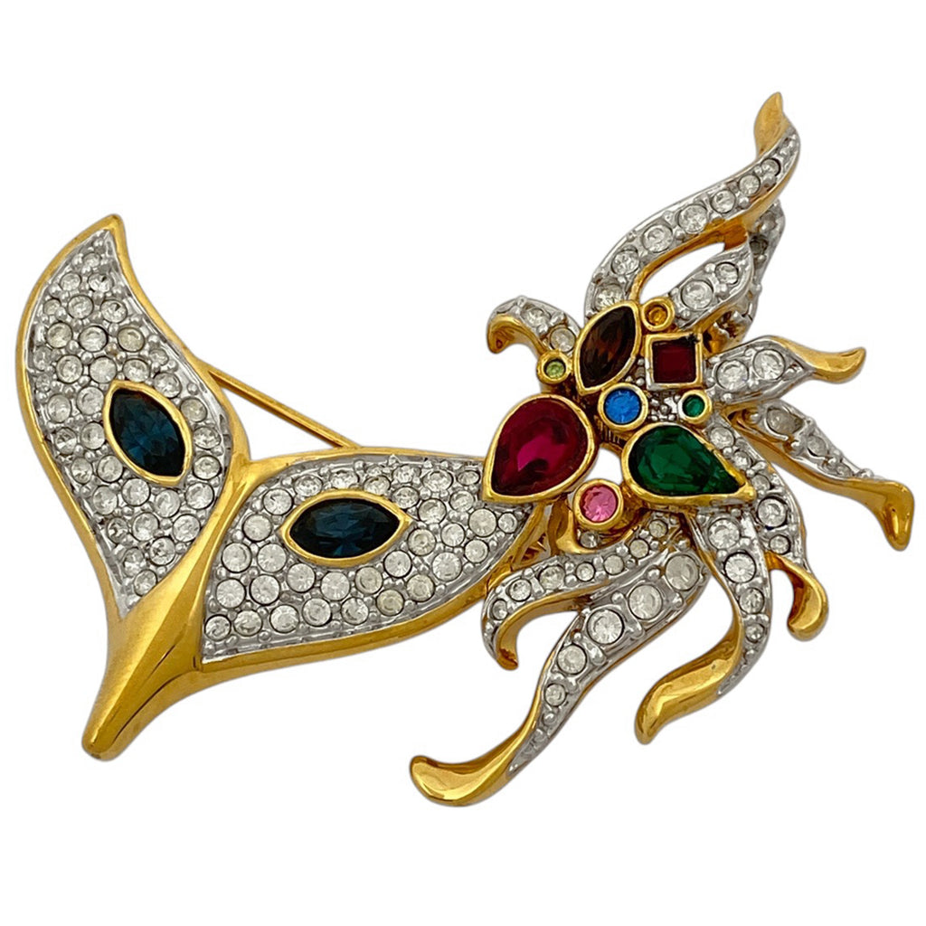 スワロフスキー クリスタル マスクモチーフ ブローチ 仮面 カラーストーン ジルコニア ブローチ GP ゴールド レディース 【中古】bracc