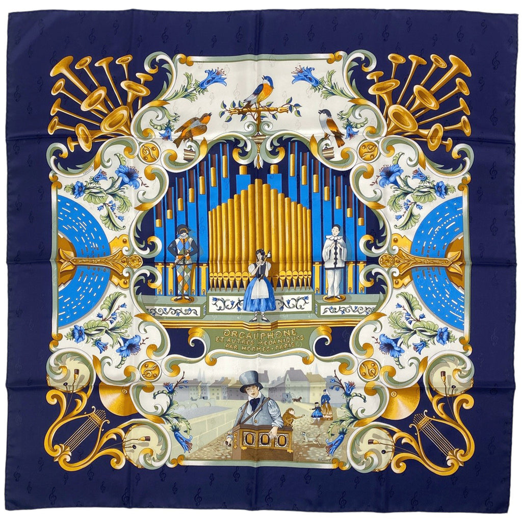 エルメス カレ 90 ORGAUPHONE ETAUTRES MECANIQUES パイプオルガンと機械仕掛けの楽器 スカーフ シルク ネイビー マルチカラー レディース 【中古】brbag