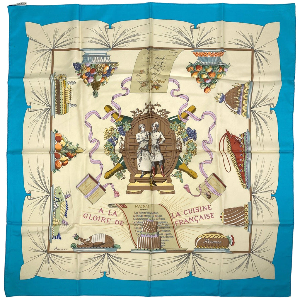 エルメス カレ 90 A LA GLOIRE DE LA CUISINE FRANCAISE フランス料理を讃えて スカーフ シルク ブルー マルチカラー レディース 【中古】brbag