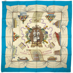 エルメス カレ 90 A LA GLOIRE DE LA CUISINE FRANCAISE フランス料理を讃えて スカーフ シルク ブルー マルチカラー レディース 【中古】brbag