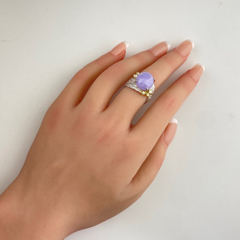 友安昭 ラベンダー翡翠 デザインリング プラチナ YG イエローゴールド 指輪 メレダイヤ リング 11.5号 Pt900 K18 ラベンダー翡翠 レディース 【中古】brjwl