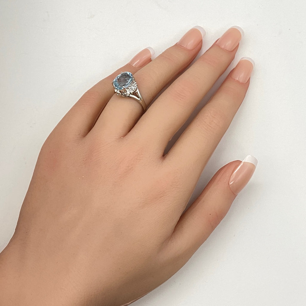 アクアマリン デザインリング プラチナ メレダイヤ 指輪 リング 12号 Pt900 アクアマリン ダイヤモンド レディース 【中古】nbjwl