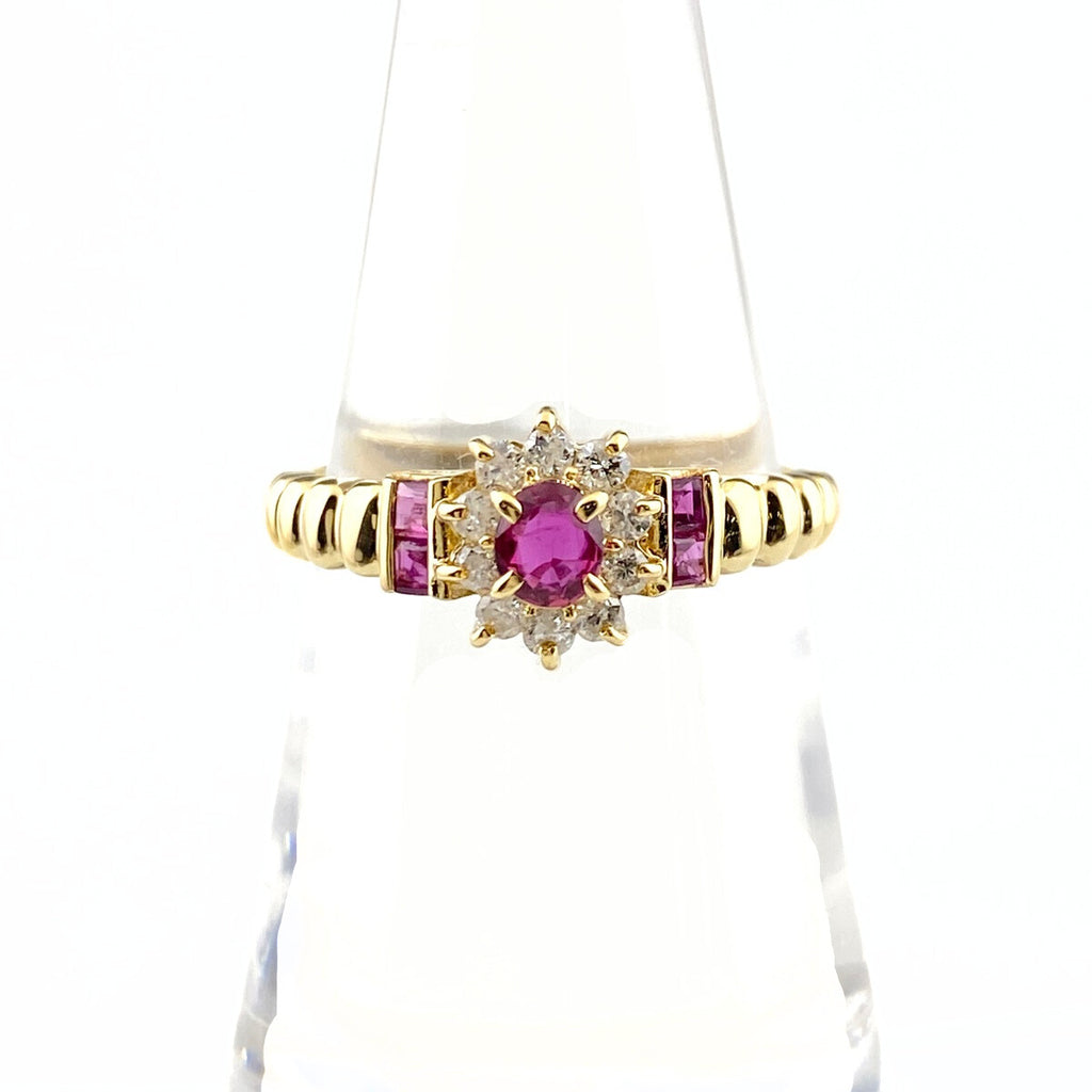 ルビー デザインリング YG イエローゴールド 指輪 メレダイヤ リング 12.5号 K18 ルビー ダイヤモンド レディース 【中古】nbjwl