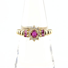 ルビー デザインリング YG イエローゴールド 指輪 メレダイヤ リング 12.5号 K18 ルビー ダイヤモンド レディース 【中古】nbjwl