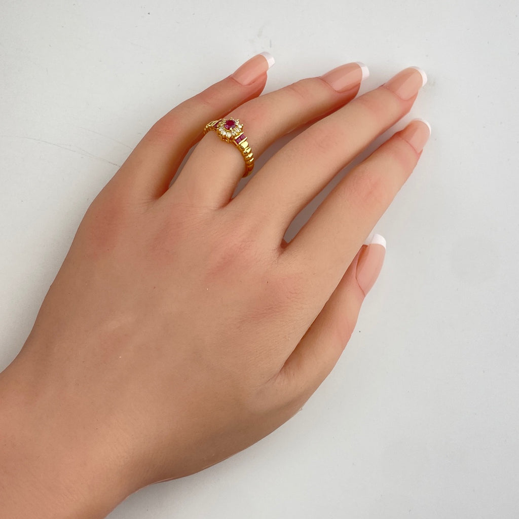 ルビー デザインリング YG イエローゴールド 指輪 メレダイヤ リング 12.5号 K18 ルビー ダイヤモンド レディース 【中古】nbjwl