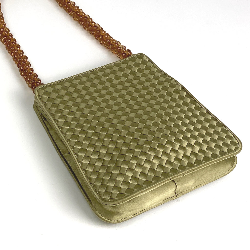 ボッテガヴェネタ イントレチャート ハンドバッグ がま口 ビーズ ミニ ハンドバッグ サテン ゴールド レディース 【中古】brbag