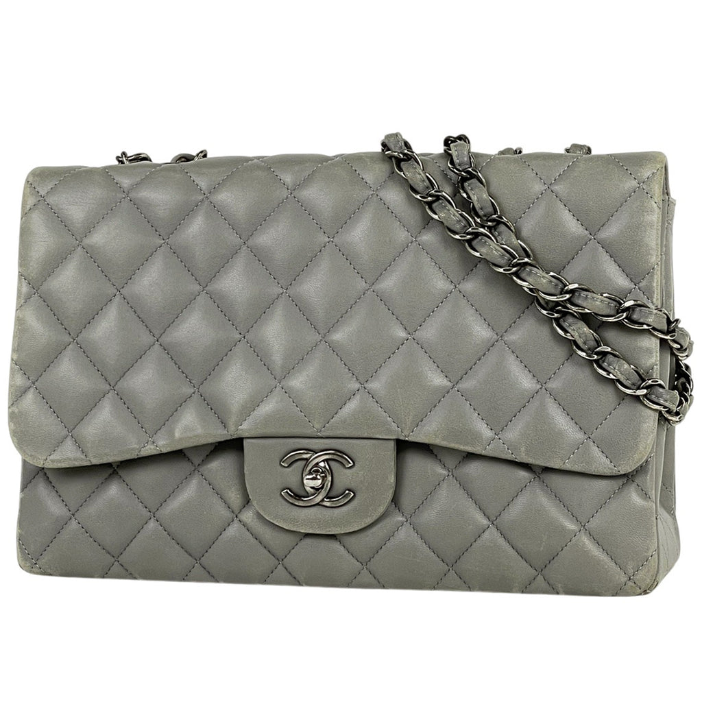 シャネル デカ マトラッセ シングルフラップ チェーン ショルダーバッグ ココマーク Wチェーン ショルダーバッグ レザー グレー A04412 レディース 【中古】brbag