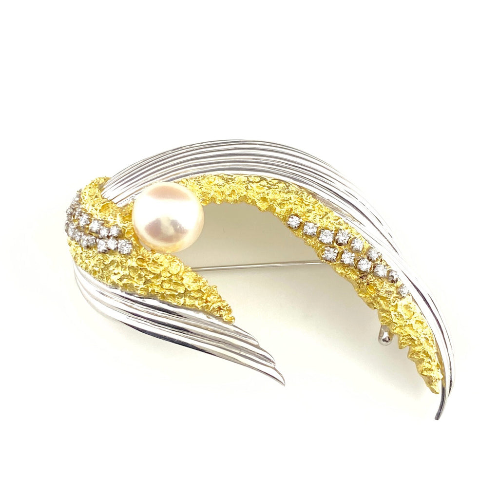 ミキモト パール デザインブローチ YG イエローゴールド WG ホワイトゴールドメレダイヤ 真珠 ブローチ 46.6×59.6 K18 K14 WG レディース 【中古】brjwl