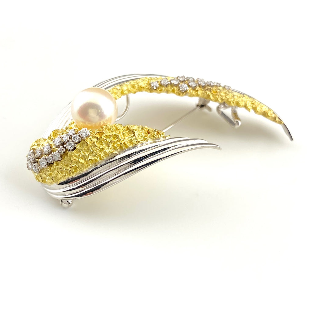 ミキモト パール デザインブローチ YG イエローゴールド WG ホワイトゴールドメレダイヤ 真珠 ブローチ 46.6×59.6 K18 K14 WG レディース 【中古】brjwl