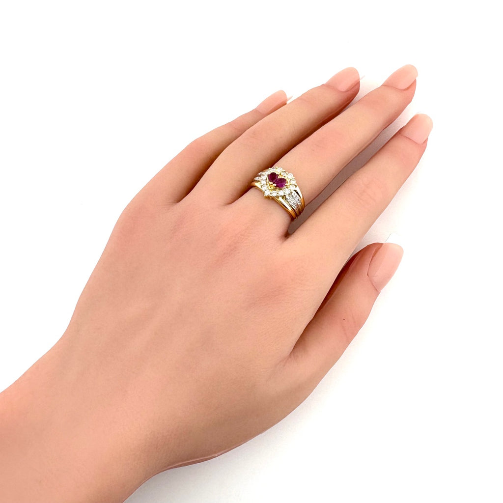 ルビー デザインリング プラチナ YG イエローゴールド 指輪 メレダイヤ リング 11.5号 Pt900 K18 ルビー レディース 【中古】nbjwl