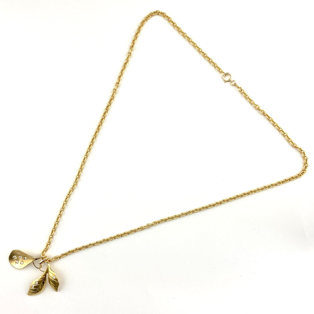 リーフモチーフ デザインネックレス YG イエローゴールド ペンダント メレダイヤ ネックレス K18 ダイヤモンド レディース 【中古】nbjwl