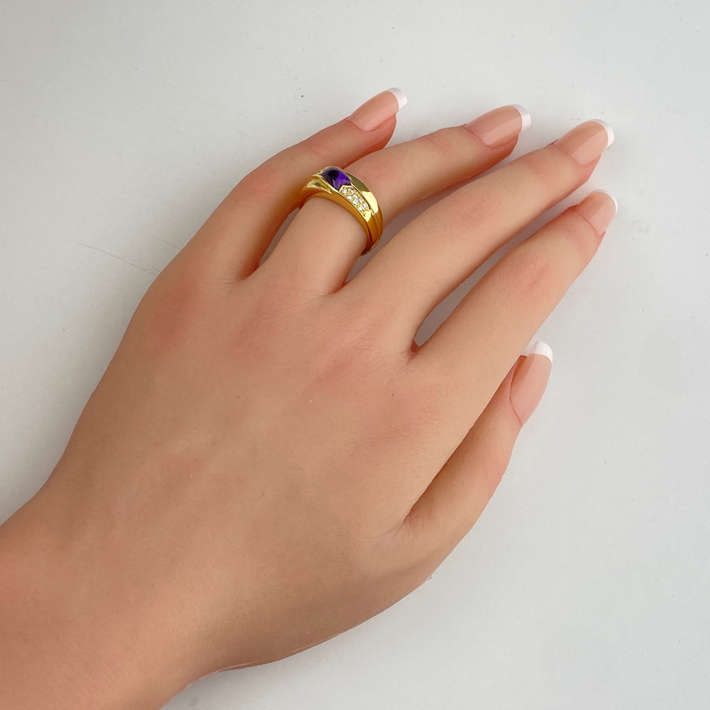 アメシスト デザインリング YG イエローゴールド 指輪 メレダイヤ リング 12.5号 K18 ダイヤモンド アメシスト レディース 【中古】nbjwl