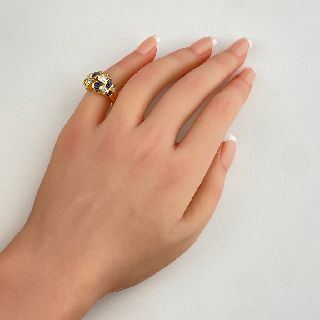 サファイア デザインリング YG イエローゴールド 指輪 メレダイヤ リング 10.5号 K18 サファイア ダイヤモンド レディース 【中古】nbjwl