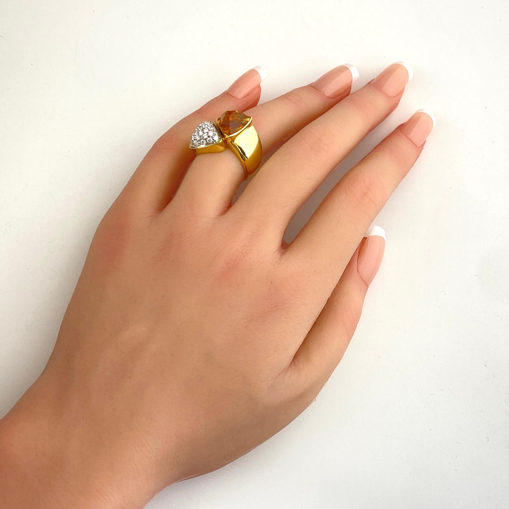 ダミアーニ シトリン デザインリング YG イエローゴールド 指輪 メレダイヤ リング 11.5号 750 シトリン ダイヤモンド レディース 【中古】brjwl
