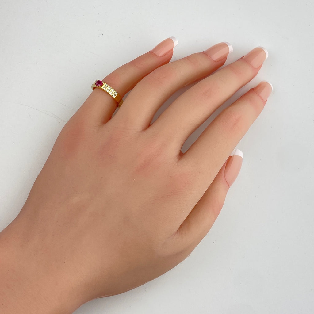 ルビー デザインリング YG イエローゴールド 指輪メレダイヤ リング 9.5号 K18 ルビー ダイヤモンド レディース 【中古】nbjwl