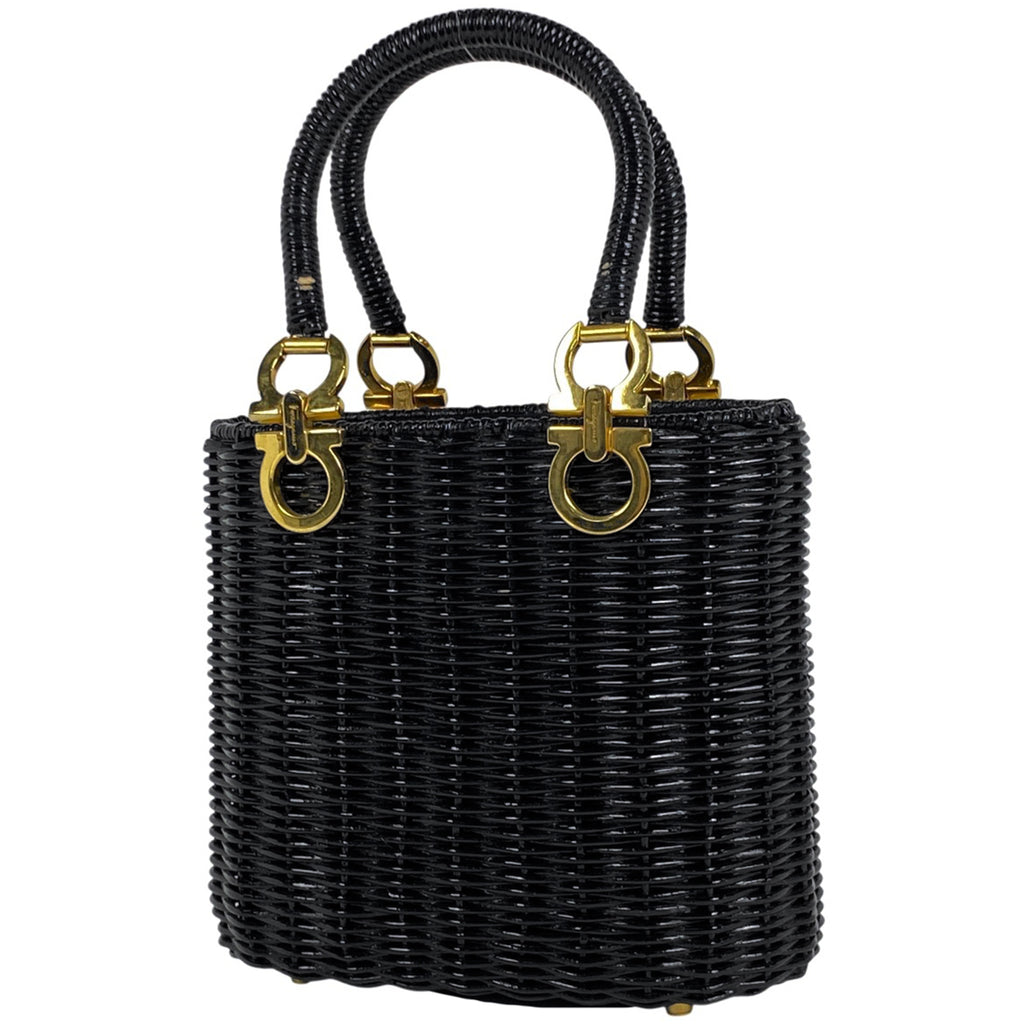 サルヴァトーレフェラガモ ガンチーニ ハンドバッグ かごバッグ 籐 ハンドバッグ ラタン ブラック 6174 レディース 【中古】brbag