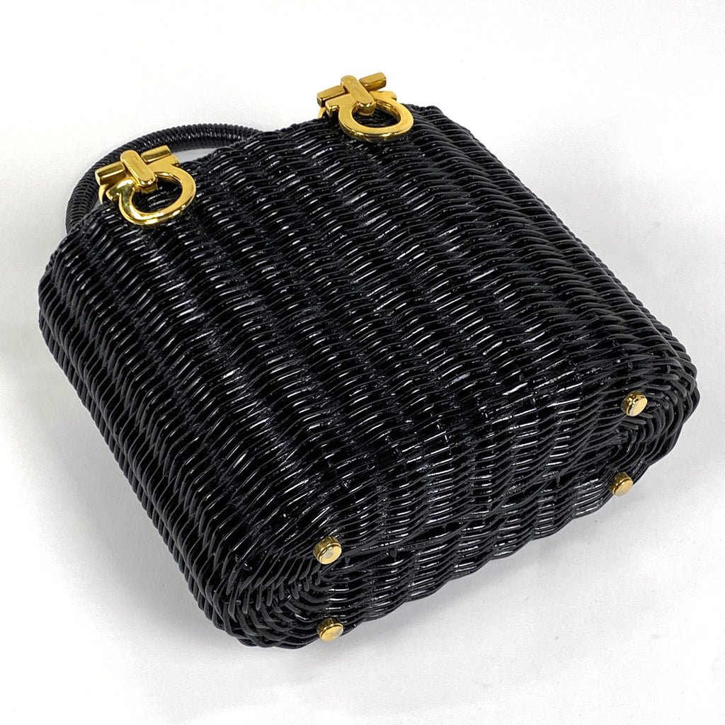サルヴァトーレフェラガモ ガンチーニ ハンドバッグ かごバッグ 籐 ハンドバッグ ラタン ブラック 6174 レディース 【中古】brbag