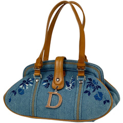 クリスチャンディオール ロゴ ハンドバッグ 刺繍 バタフライ フラワー ハンドバッグ デニム ブルー ブラウン レディース 【中古】brbag