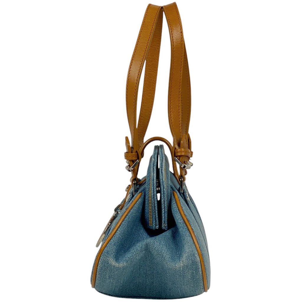 クリスチャンディオール ロゴ ハンドバッグ 刺繍 バタフライ フラワー ハンドバッグ デニム ブルー ブラウン レディース 【中古】brbag