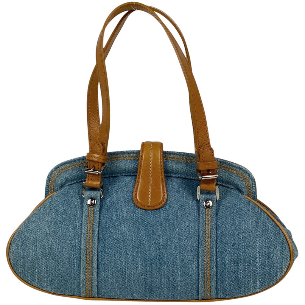 クリスチャンディオール ロゴ ハンドバッグ 刺繍 バタフライ フラワー ハンドバッグ デニム ブルー ブラウン レディース 【中古】brbag