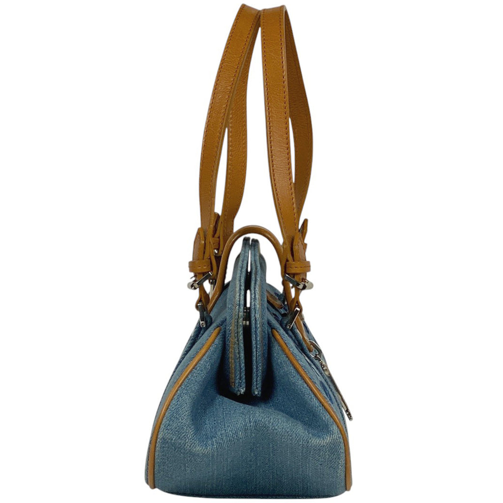 クリスチャンディオール ロゴ ハンドバッグ 刺繍 バタフライ フラワー ハンドバッグ デニム ブルー ブラウン レディース 【中古】brbag