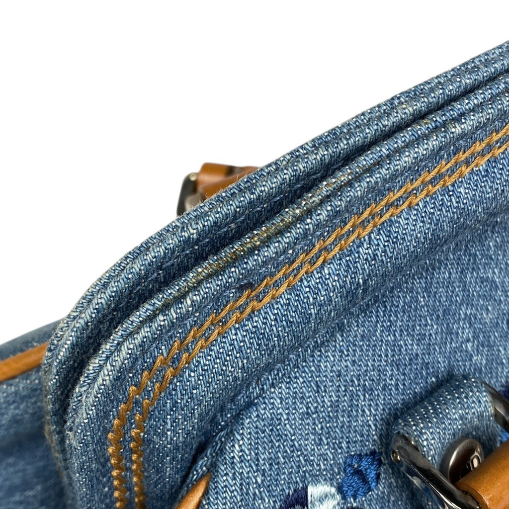 クリスチャンディオール ロゴ ハンドバッグ 刺繍 バタフライ フラワー ハンドバッグ デニム ブルー ブラウン レディース 【中古】brbag