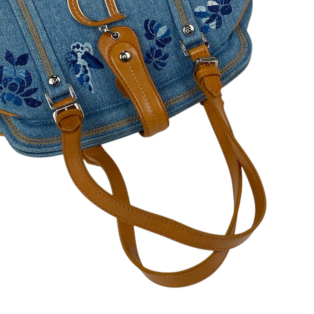 クリスチャンディオール ロゴ ハンドバッグ 刺繍 バタフライ フラワー ハンドバッグ デニム ブルー ブラウン レディース 【中古】brbag