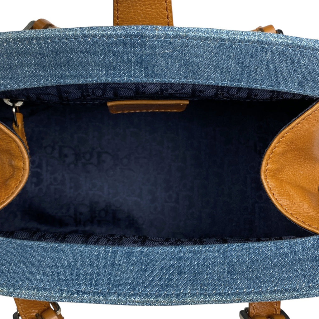 クリスチャンディオール ロゴ ハンドバッグ 刺繍 バタフライ フラワー ハンドバッグ デニム ブルー ブラウン レディース 【中古】brbag