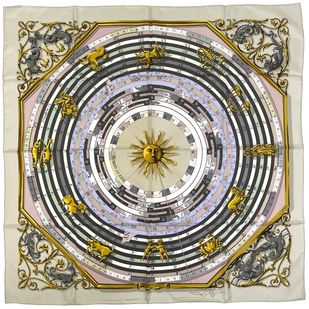 エルメス カレ 90 DIES ET HORE 占星術 太陽 スカーフ シルク ベージュ レディース 【中古】brbag