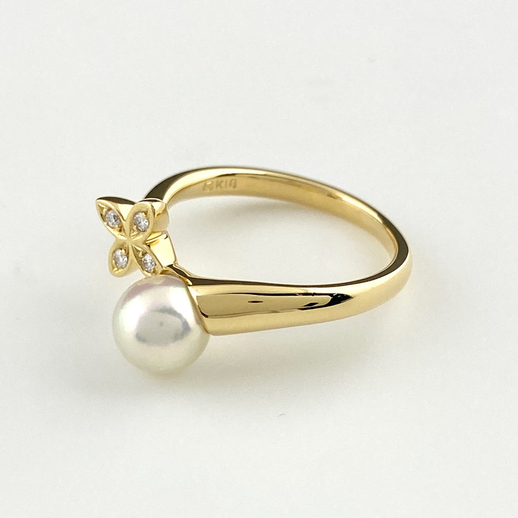 ミキモト パール デザインリング YG イエローゴールド 指輪 メレダイヤ 真珠 リング 7.5号 K18 パール ダイヤモンド レディース 【中古】brjwl