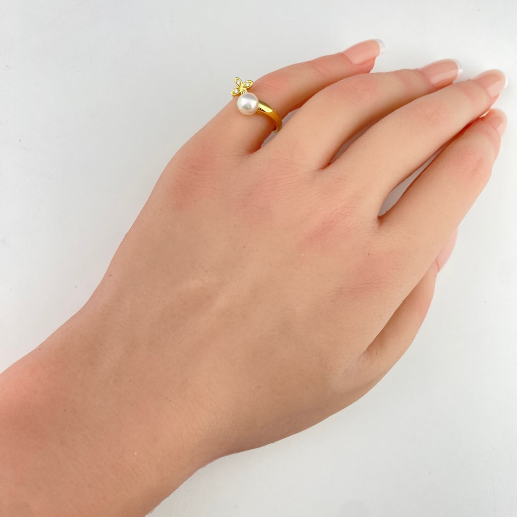 ミキモト パール デザインリング YG イエローゴールド 指輪 メレダイヤ 真珠 リング 7.5号 K18 パール ダイヤモンド レディース 【中古】brjwl