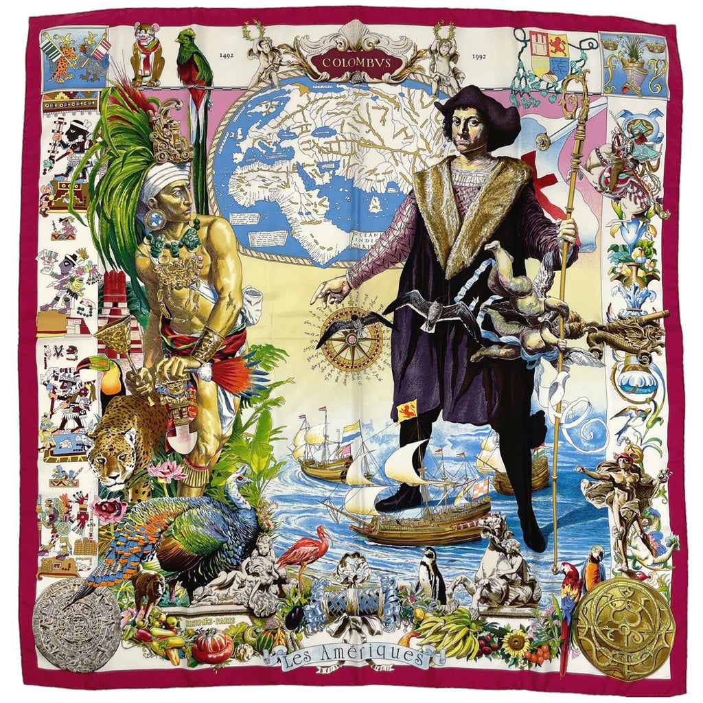 エルメス カレ 90 Les Ameriques COLOMBVS コロンブス カーミットオリバー スカーフ シルク レッド マルチカラー レディース 【中古】brbag