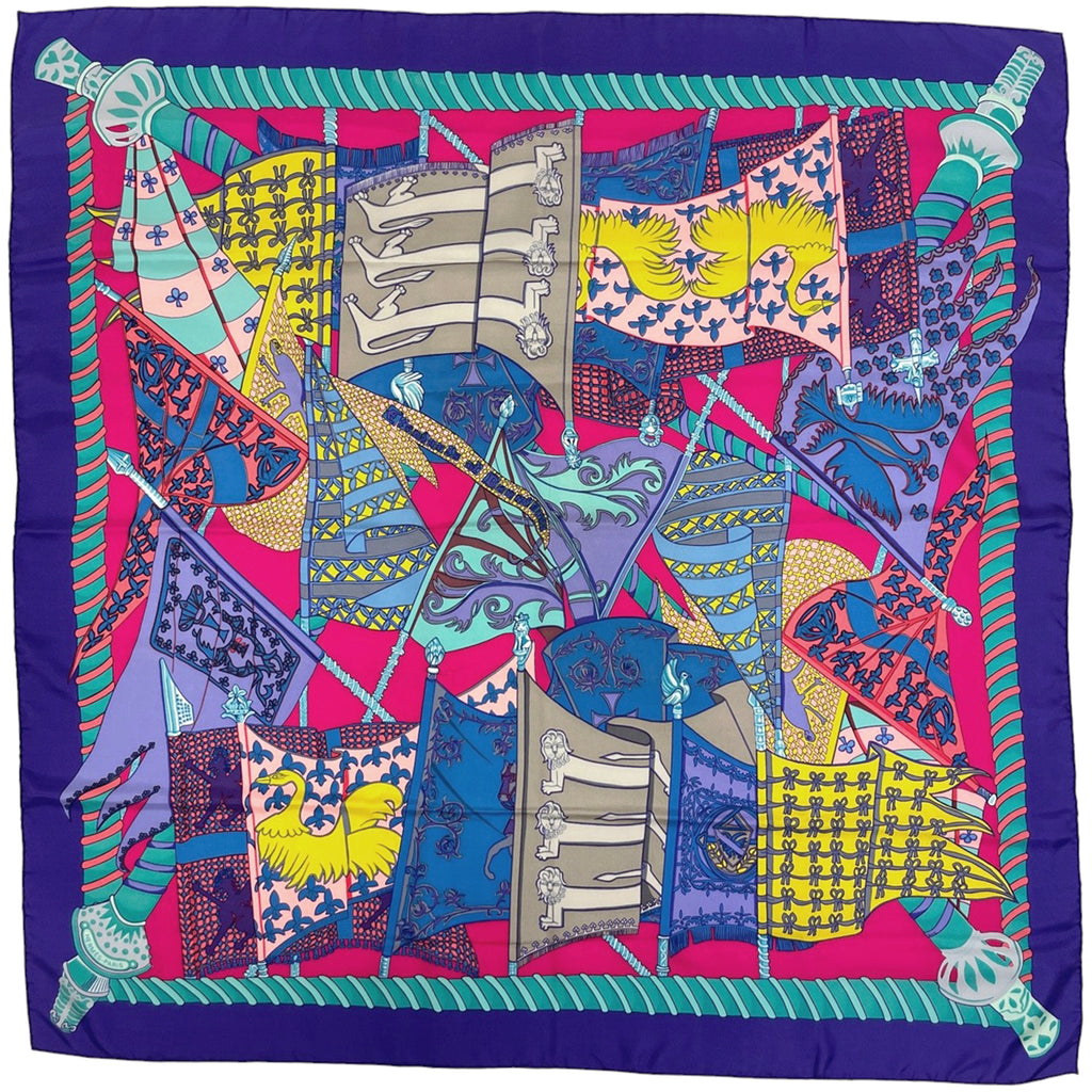 エルメス カレ 90 Etendards et Bonnieres 旗 スカーフ シルク パープル マルチカラー レディース 【中古】brbag