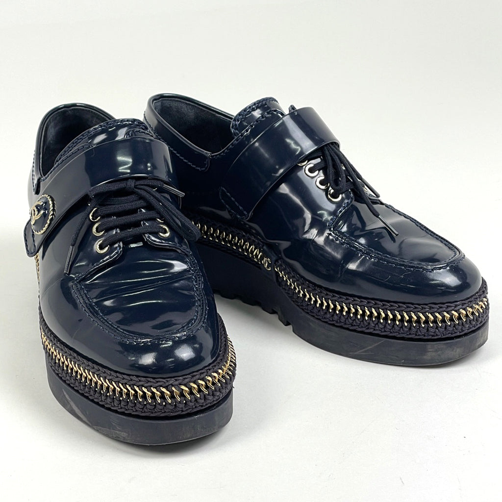 シャネル ココマーク ローファー レースアップ 厚底 靴 ローファー レザー ネイビー レディース 【中古】brapp