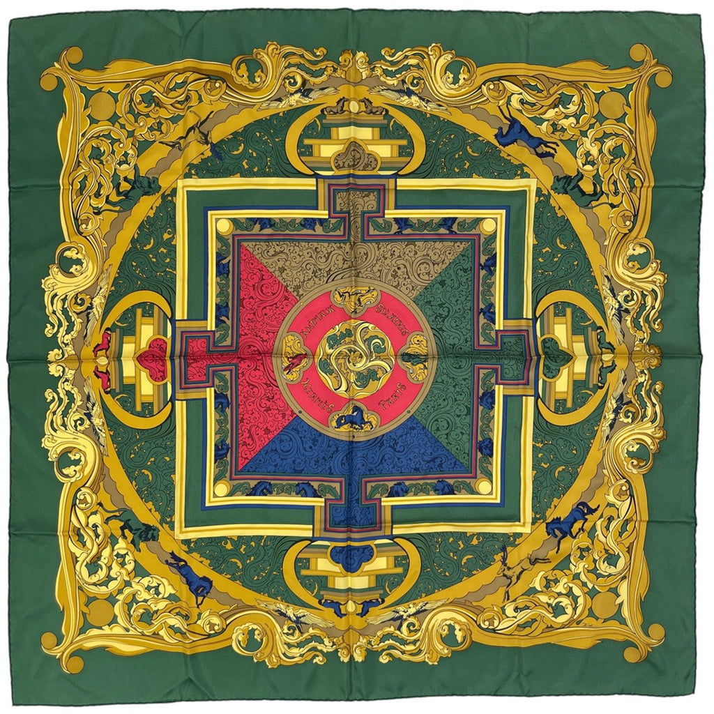 エルメス カレ 90 ANIMAUX SOLAIRES 太陽の動物たち スカーフ シルク グリーン マルチカラー レディース 【中古】brbag