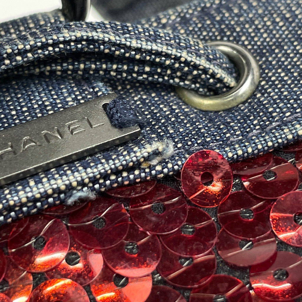 シャネル ロゴ ハンドバッグ 巾着型 ハンドバッグ デニム ブルー レッド レディース 【中古】brbag